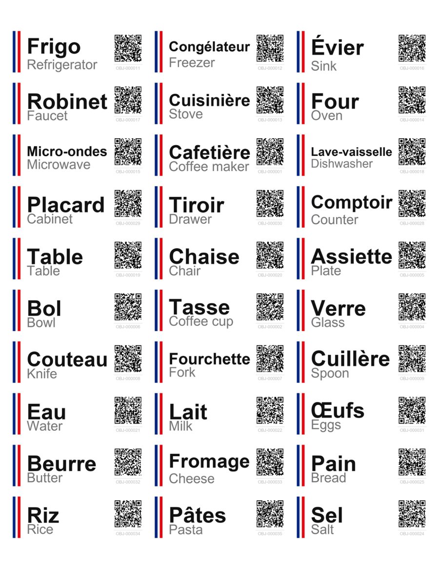 Stickara kitchen sticker sheet with French labels and QR codes